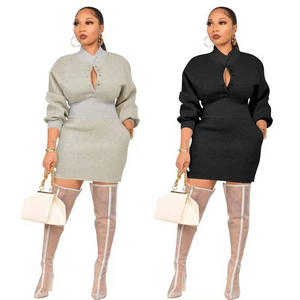 Wholesale half high collar slim flocking sweater bag hip dress（CL9733）