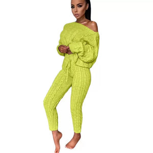 Wholesale round neck woolen trousers long sleeve suit sweater 2PC（CL9428）