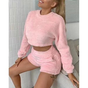 Wholesale fashion Plush round neck long sleeve sweater shorts two-piece set（CL9556）