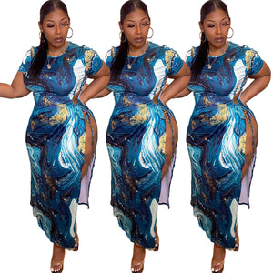 Plus Size Sexy Split Strap Printing Dress (CL10096)