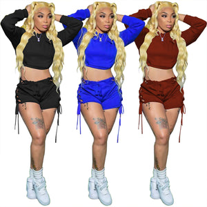 Women 'S Casual Lace-Up Drawstring Shorts Two-Piece Set (CL9883)