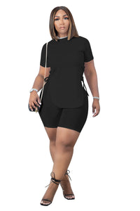 Solid Color Casual Rope Slit Short Sleeve plus Size Suit （CL10238）