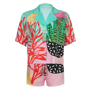 Vacation Style Coral Color Printing Lapel Shirt/T-shirt Top(CL10578)
