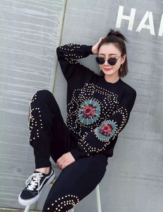 Wholesale fashion autumn and winter cross stitch embroidery + hand nail bead knitted sweater set 2PC（CL9685）