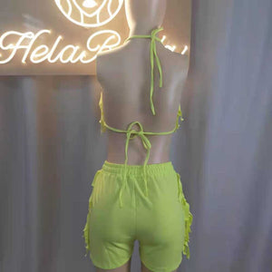 Wholesale two-piece set of pure tassel bandage sexy nightclub style shorts（CL8993）