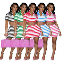 Load image into Gallery viewer, Striped Stand Collar Short Sleeves and Skirt Suit (Cl10584)
