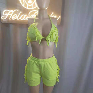 Wholesale two-piece set of pure tassel bandage sexy nightclub style shorts（CL8993）