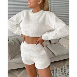 Wholesale fashion Plush round neck long sleeve sweater shorts two-piece set（CL9556）