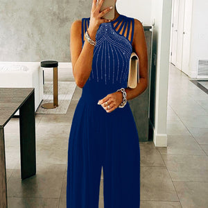 Diamond-Embedded Wide Leg Fitted Waist Jumpsuit (CL10424)