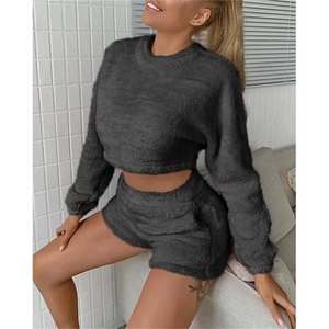 Wholesale fashion Plush round neck long sleeve sweater shorts two-piece set（CL9556）