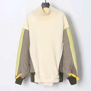 Wholesale color contrast stitching design women's loose medium length sweater（CL9632）